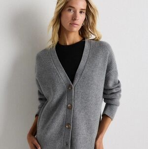 Quince Cashmere Fisherman Boxy Cropped Cardigan Sweater $120. Medium. Gray